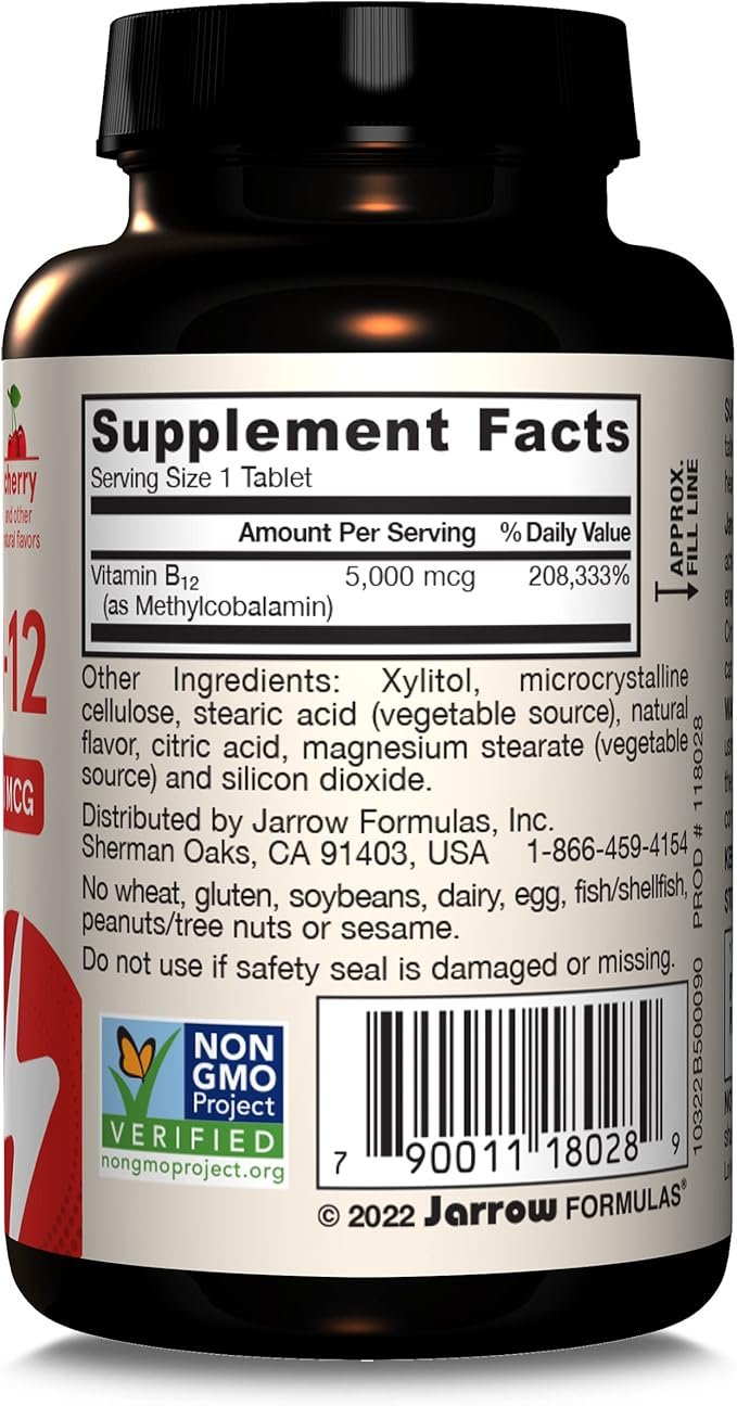 Jarrow Formulas Maximum Strength Methyl B-12 5000 mcg - Dietary Supplement - 90 Cherry Flavored Chewable Tablets - Bioactive Vitamin B-12 - Supports Cellular Energy Production, Sleep & Brain Health