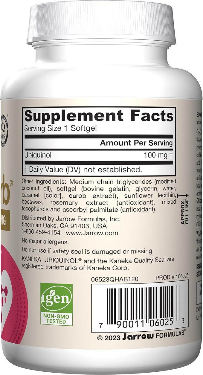 Jarrow Formulas QH-Absorb, 100 mg, Ubiquinol Dietary Supplement for Healthy Cardiovascular Function, 120 Softgels, 120 Day Supply