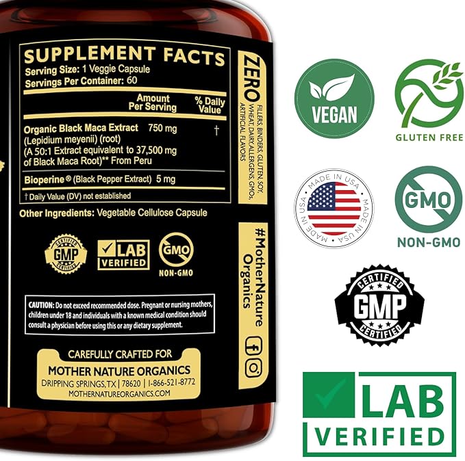 Mother Nature Black Maca Root Capsules – 50:1 37,500mg Peruvian Black Maca Root for Men, Women with Bioperine – Maca Root Capsules to Boost Stamina, Performance, Energy, Muscle Gain – 60-Count