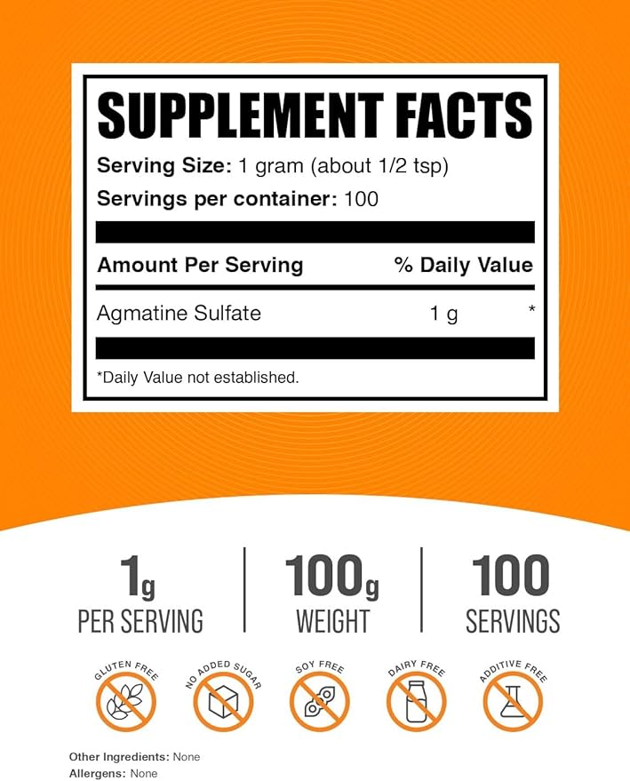 BulkSupplements.com Agmatine Sulfate Powder - Nitric Oxide Supplement, Agmatine Sulfate 1000mg - Unflavored & Gluten Free, 1000mg per Serving, 100g (3.5 oz) (Pack of 1)