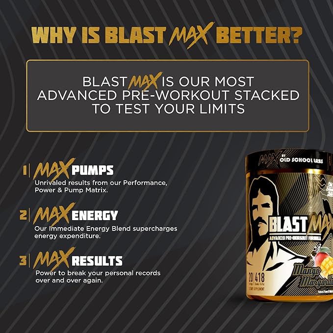 BLAST MAX β High-Stim Pre-Workout Powder β Highly Acclaimed Fully Stacked Pre Workout Energy Drink for Max Endurance, Max Pumps, Max Focus, and Max Power β Sugar-Free Mango Margarita Flavor β 418g