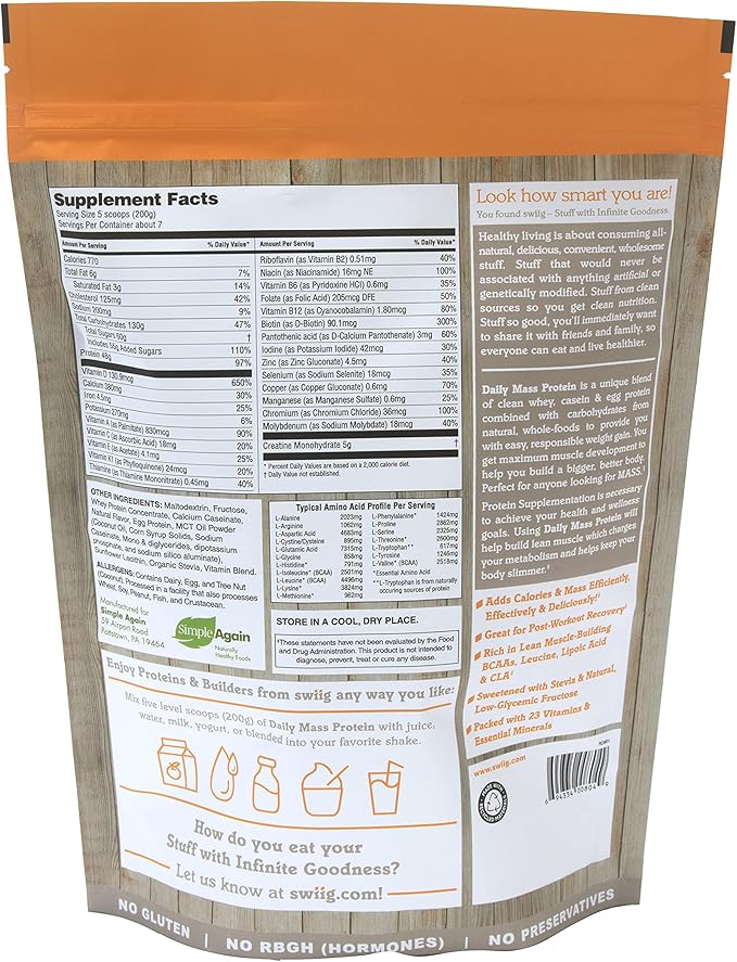 swiig Mass Builder Protein Powder, Madagascar Vanilla, No GMO Ingredients, No Artificial Flavors, Colors or Sweeteners, No Fillers, 3.3 Pound Bag