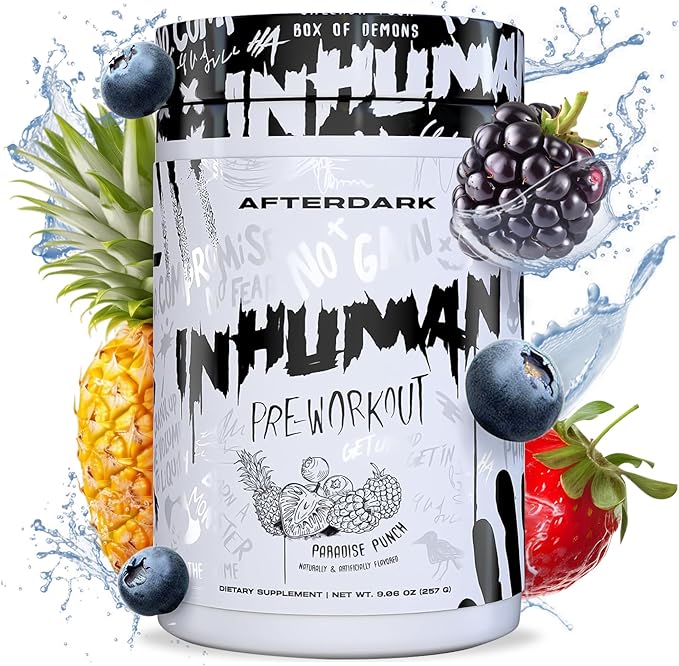 AFTERDARK INHUMAN Pre-Workout Powder, Enhanced Mind-Muscle Connection, Sustained Energy, Potent Nootropic Blend, Vegan, Gluten-Free, Soy-Free, 400mg Caffeine, No Crash, Paradise Punch