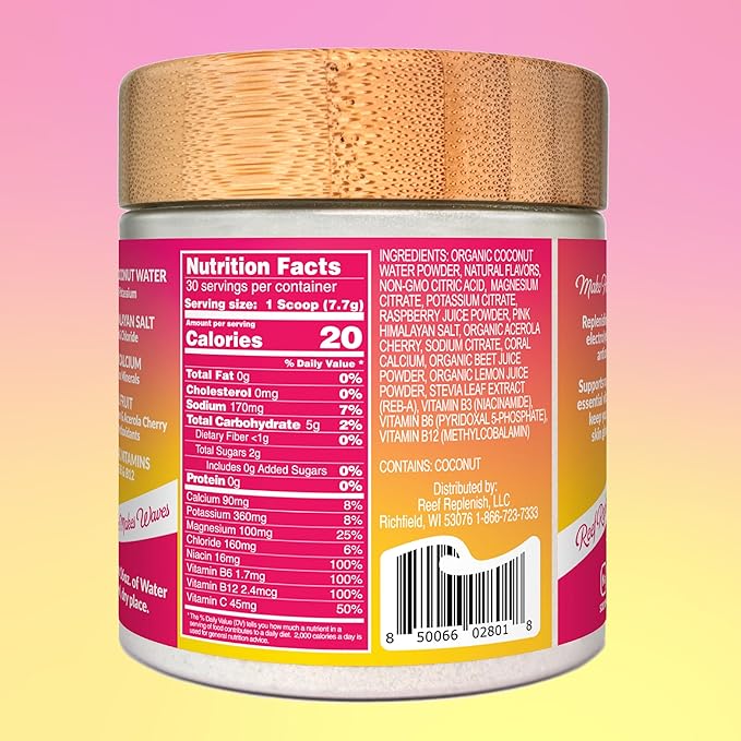 Reef Replenish Hydrating Electrolyte Drink Mix - Raspberry Lemonade, 30 Servings - Hydration Powder w/Coconut Water - Non-GMO, No Added Sugar, 5 Key Electrolytes + Vitamins, Natural Trace Minerals