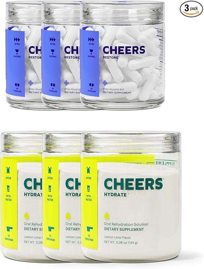 Cheers Classic Combo | Restore + Hydrate | Rehydrate & Feel Better After Drinking | DHM, L-Cysteine, B-Vitamins, Electrolytes | 12 Doses Each | Liver Support | Electrolyte Supplements