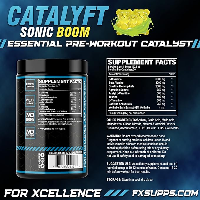 Catalyft Pre-Workout Powder Drink for Men & Women, Sonic Boom | Dietary Supplement Mix with Creatine, Caffeine & Beta-Alanine | for Energy Pump, Muscle Gain & Focus, 40 Servings (2 Pack)