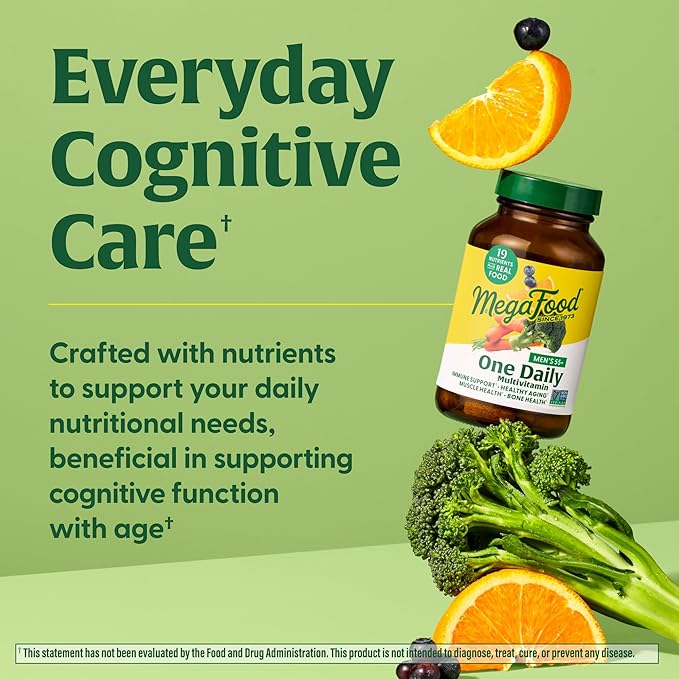 MegaFood Men's 55+ One Daily - Multivitamin for Men with Vitamin B12, Vitamin C, Vitamin D & Zinc - Optimal Aging & Immune Support Supplement - Vegetarian - Made Without 9 Food Allergens - 60 Tabs