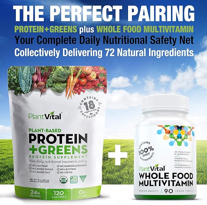 Plantvital Unflavored Organic Vegan Protein Powder - 18 Superfoods, Veggies and Probiotics - Organic Plant-Based Protein Powder - All BCAAβs, Gluten Free - 16oz -1 Pouch