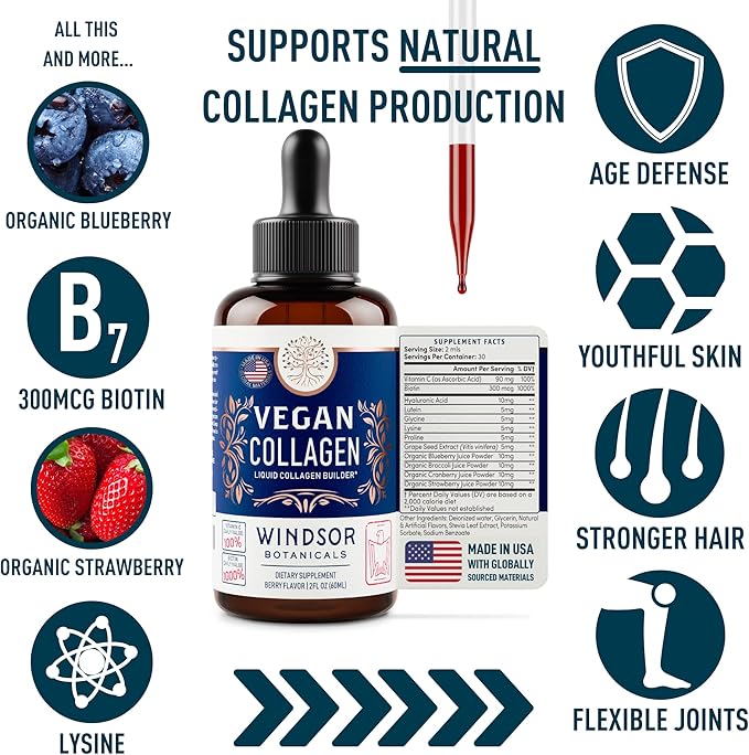 Vegan Collagen Builder Liquid Supplement - Collagen Booster with Vitamin C, Biotin, Hyaluronic Acid & Amino Acids - Vegetarian Collagen for Women, Organic Fruit & Vegetable Blend - 120ml, 60 Day