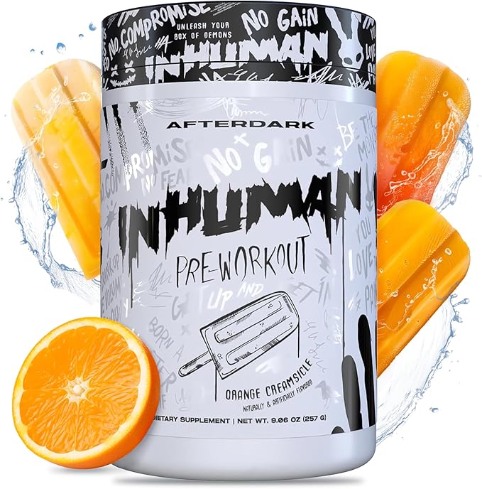 AFTERDARK INHUMAN Pre-Workout Powder, Enhanced Mind-Muscle Connection, Sustained Energy, Potent Nootropic Blend, Vegan, Gluten-Free, Soy-Free, 400mg Caffeine, No Crash, Orange Creamsicle
