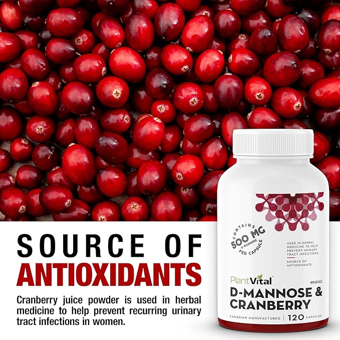 Plantvital D Mannose Capsules with Cranberry - D-mannose 1000mg Capsules - High Potency for Bladder, Kidney and Urinary Tract Support. Cranberry Powder with Hibiscus and Dandelion.4 Months Supply