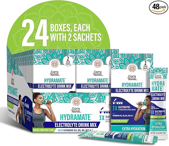 GuruNanda Hydramate Hydration Support Drink Mix - Electrolyte Powder Packets for Dehydration, Exercise & Energy - No Added Sweeteners, Non-GMO, Natural Lemon Lime Flavor - 48 Count (0.56 oz each)