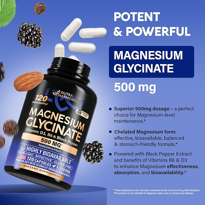 Magnesium Glycinate 500 mg - Chelated Supplement - with Vitamin B6 & D3 - High Absorption 98% - Support for Sleep, Muscle & Heart Health - Made in USA, Lab Tested & Non-GMO - 120 Capsules