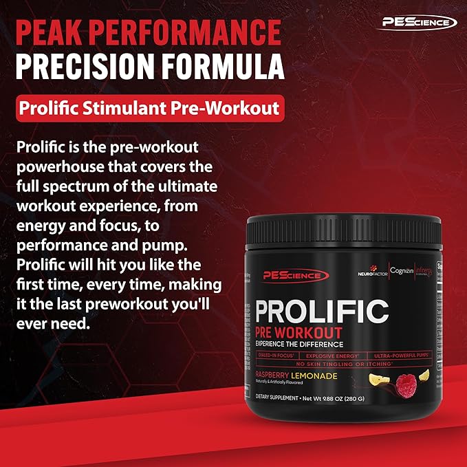 PEScience Prolific Pre Workout, Raspberry Lemonade, 40 Scoop, Energy Supplement with Nitric Oxide
