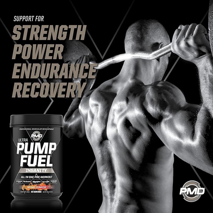 PMD Sports Ultra Pump Fuel Insanity - Pre Workout Drink Mix for Energy, Strength, Endurance, Recovery - Complex Carbohydrates and Amino Energy - Miami Sunrise (30 Servings)