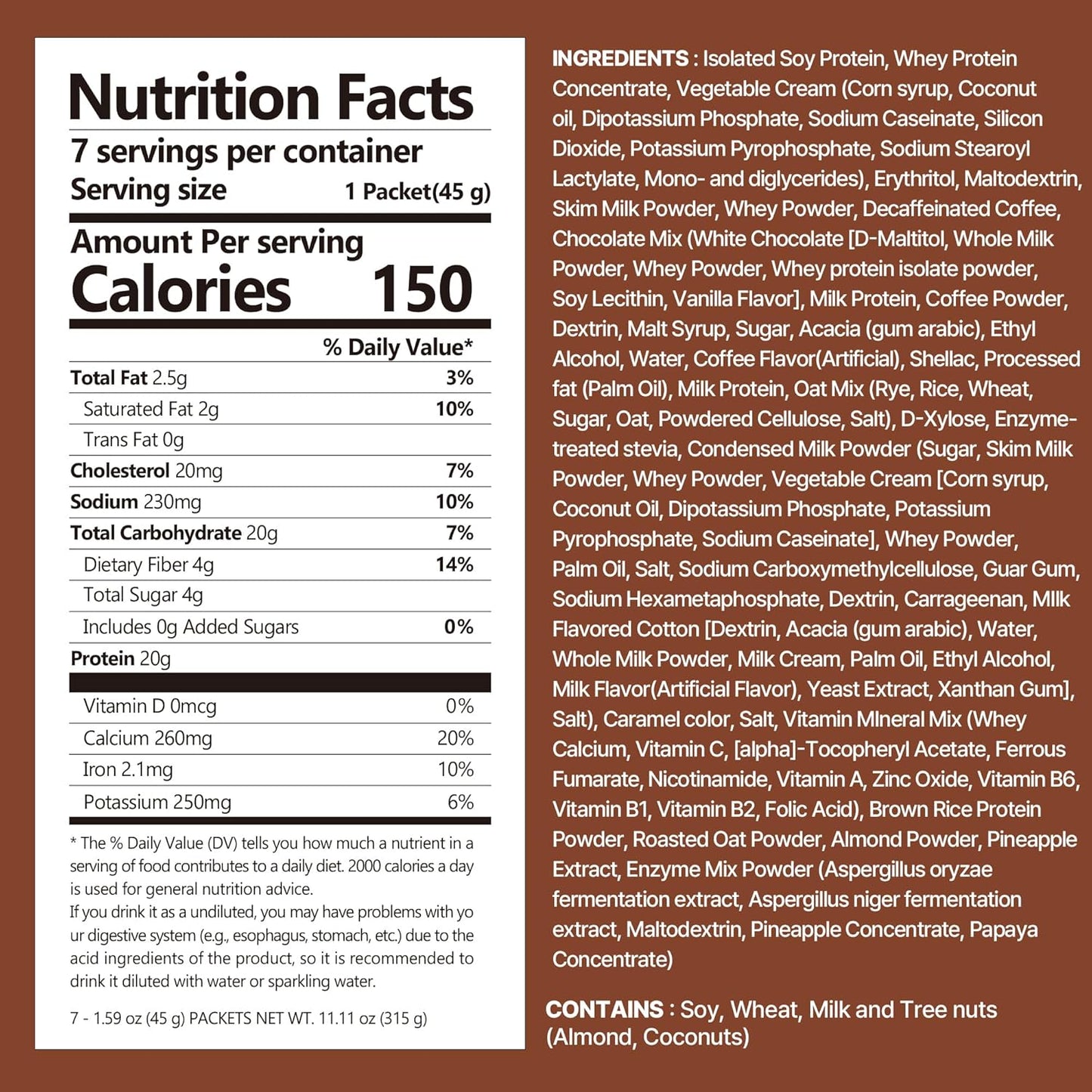 Dolce Latte Protein Shake, 20g Protein, Low Sugar, Keto-Friendly Meal Replacement Shake, 1.59oz, 7packs, With Crunchy Protein Crisps