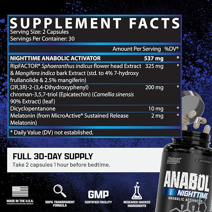 Anabol PM Nighttime Muscle Builder & Sleep Aid | Anabolic Muscle Building Supplement | Clinically Researched RIPFACTOR, Epicatechin & More | Post Workout Muscle Recovery & Strength ā 60 Pills