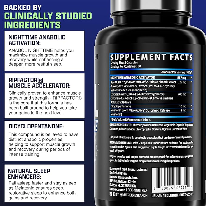 Anabol PM Nighttime Muscle Builder & Sleep Aid | Anabolic Muscle Building Supplement | Clinically Researched RIPFACTOR, Epicatechin & More | Post Workout Muscle Recovery & Strength ā 60 Pills