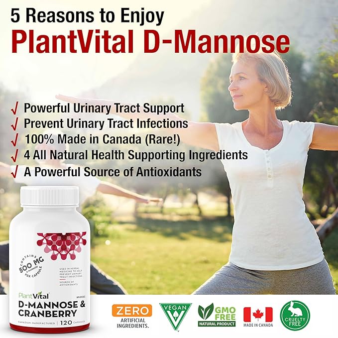 Plantvital D Mannose Capsules with Cranberry - D-mannose 1000mg Capsules - High Potency for Bladder, Kidney and Urinary Tract Support. Cranberry Powder with Hibiscus and Dandelion.4 Months Supply