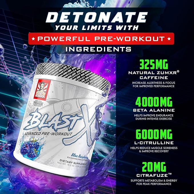 Blast X Advanced Pre Workout Powder, Intense Energy Booster Preworkout for Men & Women, Natural Caffeine + ZumXR®, Beta Alanine, Citrafuze™, L-Citrulline & Taurine for Strength, Focus & Endurance