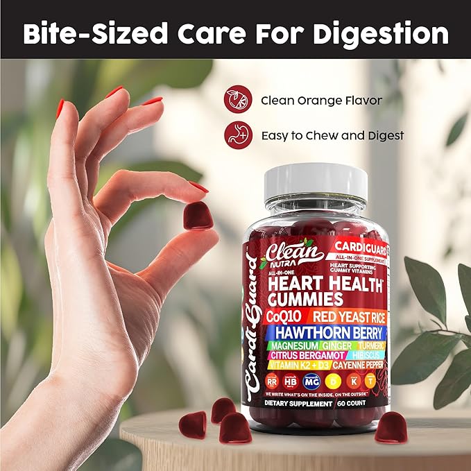 Coq10 Gummies | Red Yeast Rice Hawthorn Berry Ginger Turmeric Citrus Bergamot Hibiscus Vitamin K2+D3 Magnesium Glycinate Cayenne Pepper Fenugreek Orange Flavor CardiGuard by Clean Nutra
