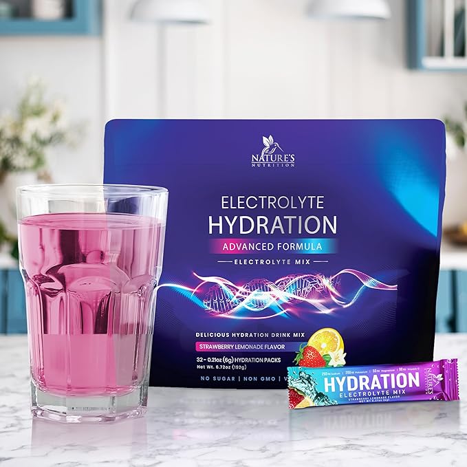 Electrolytes Powder Hydration Packets | Sugar Free Recovery Electrolyte Drink Mix Powder Replenisher in Convenient On the Go Hydration Packets | Non-GMO, Vegan, Keto, Strawberry Lemonade - 32 Servings