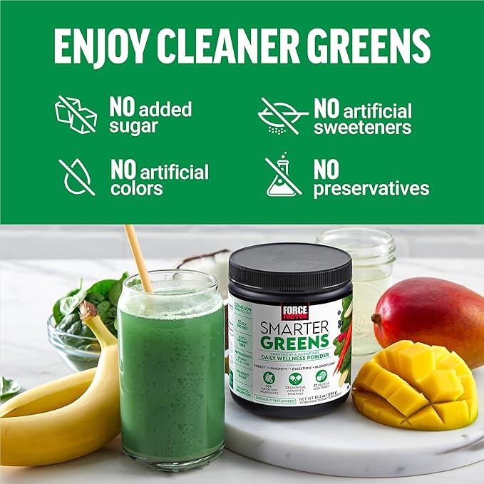 FORCE FACTOR Smarter Greens Daily Wellness Powder, Greens Superfood Powder to Support Gut Health, Bloating, & Digestion, with 40+ Superfoods, 125 Million CFUs of Probiotics, Unflavored, 30 Servings