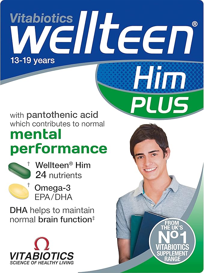 Wellteen Him Plus Omega-3 - Maximum Nutritional Support for Teenagers and Young Men Ages 13-19 - 56 Tablets and Capsules