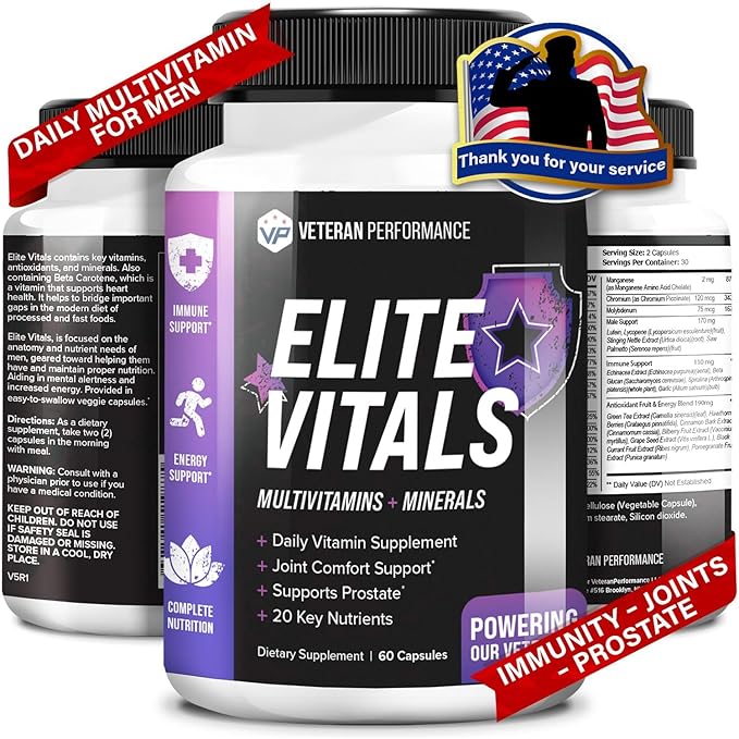 Elite Vitals Multivitamin for Men ā Daily Mens Multivitamins Ages Over 20 Plus ā Prostrate Energy Immune Joint Support ā Daily Mens Vitamins and Minerals (60 Capsules)