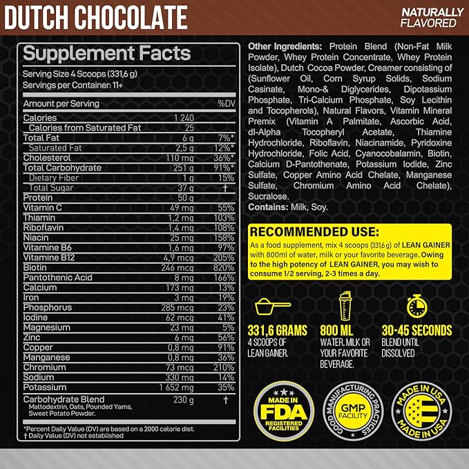 Forzagen Lean Gainer Premium Mass Builder | Mass Gainer Protein Powder for Men & Women | High Calorie Protein, Weight Gain, Bulk, Muscle Building Supplement | Dutch Chocolate, 8 lbs. (11 Servings)