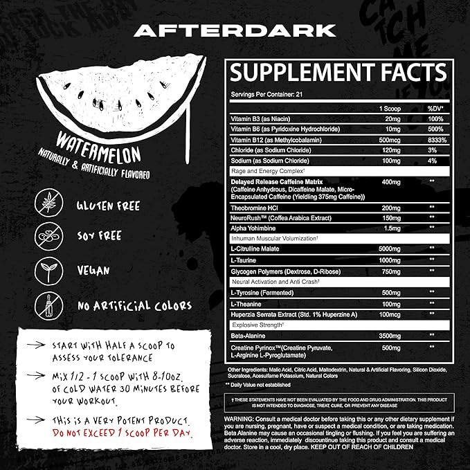 AFTERDARK INHUMAN Pre-Workout Powder, Enhanced Mind-Muscle Connection, Sustained Energy, Potent Nootropic Blend, Vegan, Gluten-Free, Soy-Free, 400mg Caffeine, No Crash, Watermelon