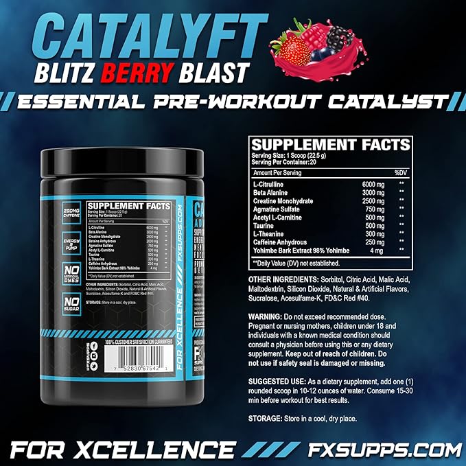 Catalyft Pre-Workout Powder Drink for Men & Women Blitz Berry Blast Mix with Creatine, Caffeine & Beta-Alanine | Best for Energy Pump, Muscle Gain & Focus, 40 Servings (2-Pack)