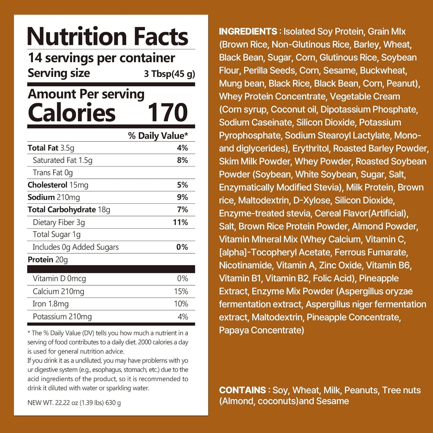 Brown 17Grains Protein Shake, 20g Protein, Low Sugar, Keto-Friendly Meal Replacement Shake, 22.22oz, 14 Servings, With Crunchy Protein Crisps