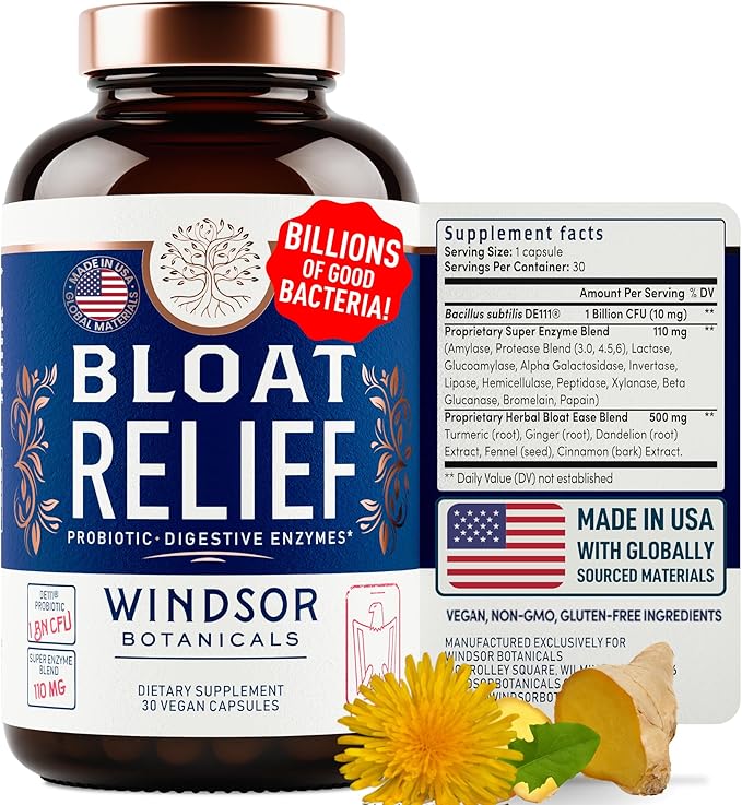 Bloat Relief Probiotic and Digestive Enzymes - Anti Bloating Turmeric, Fennel, Bromelain IBS Supplement - Detox Debloat Capsules Gas - Bloating Relief for Women and Men - 30 Gut Health Bloating Pills