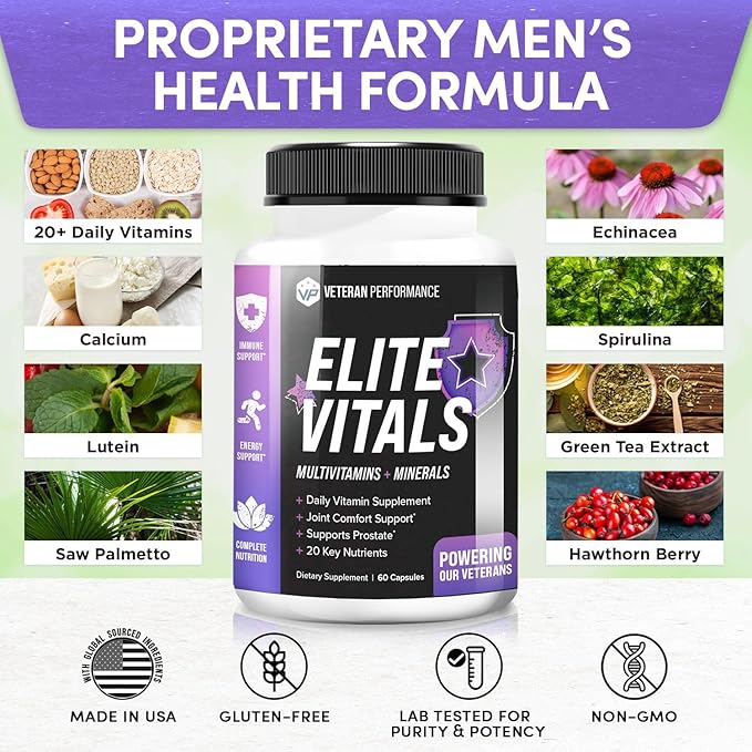 Elite Vitals Multivitamin for Men ā Daily Mens Multivitamins Ages Over 20 Plus ā Prostrate Energy Immune Joint Support ā Daily Mens Vitamins and Minerals (60 Capsules)