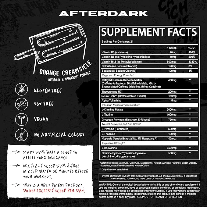 AFTERDARK INHUMAN Pre-Workout Powder, Enhanced Mind-Muscle Connection, Sustained Energy, Potent Nootropic Blend, Vegan, Gluten-Free, Soy-Free, 400mg Caffeine, No Crash, Orange Creamsicle