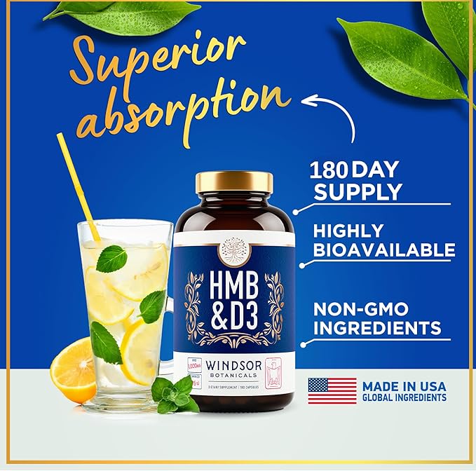 HMB and Vitamin D3 Supplement - Muscle Growth, Strength, Performance and Recovery Support - B-Hydroxy B-Methylbutyrate, D3 Plus Calcium, 1,000 MG HMB Supplements - 180 Days, 360 HMB Capsules