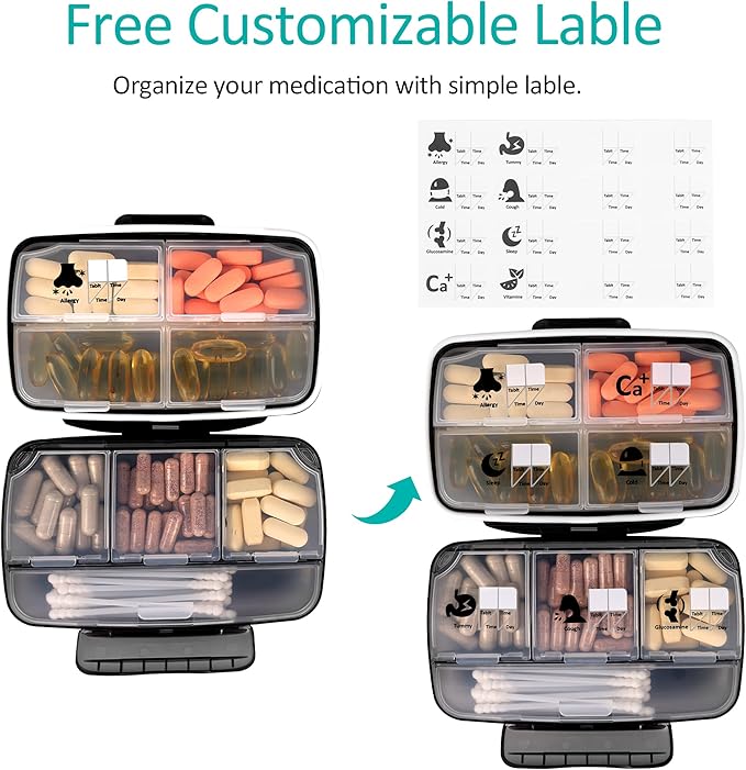 Travel Pill Organizer Large Portable Medication Organizer, Fullicon Oversize 8 Compartment Pill Box, Vitamin Travel Case Pill Holder - Airtight & Moistureproof (Blue)