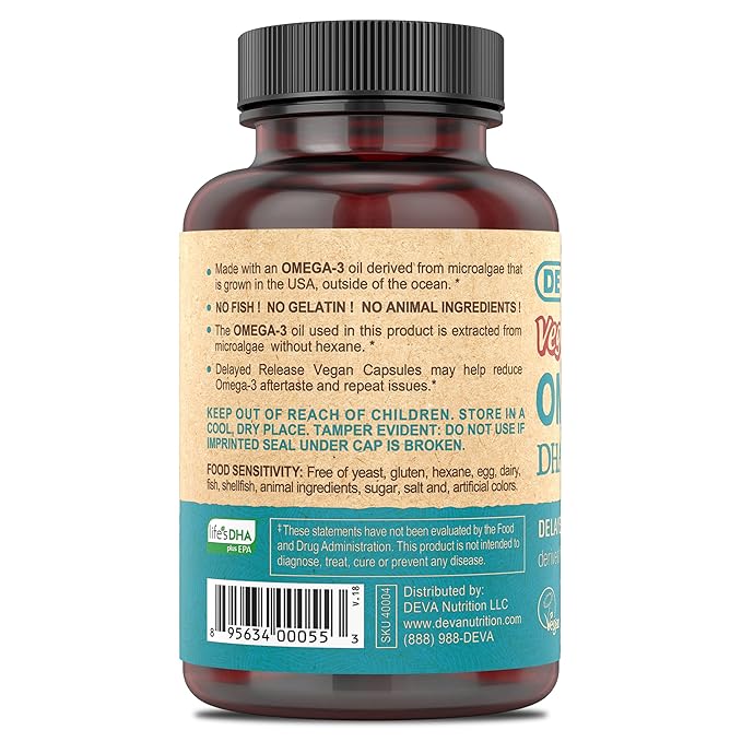 DEVA Nutrition Vegan Omega-3 DHA-EPA, from Micro Algae, Delayed Release, 90 Vegan Capsules, 1-Pack