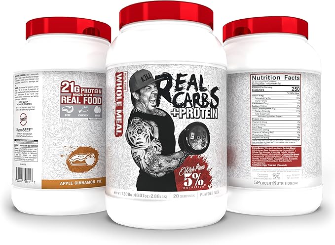 5% Nutrition Rich Piana Real Carbs + Protein | Clean Mass Gainer Protein Powder | Real Food Carbohydrate Fuel for Pre Workout/Post-Workout Recovery Meal | 2.9 lb, 20 Servings (Apple Cinnamon Pie)