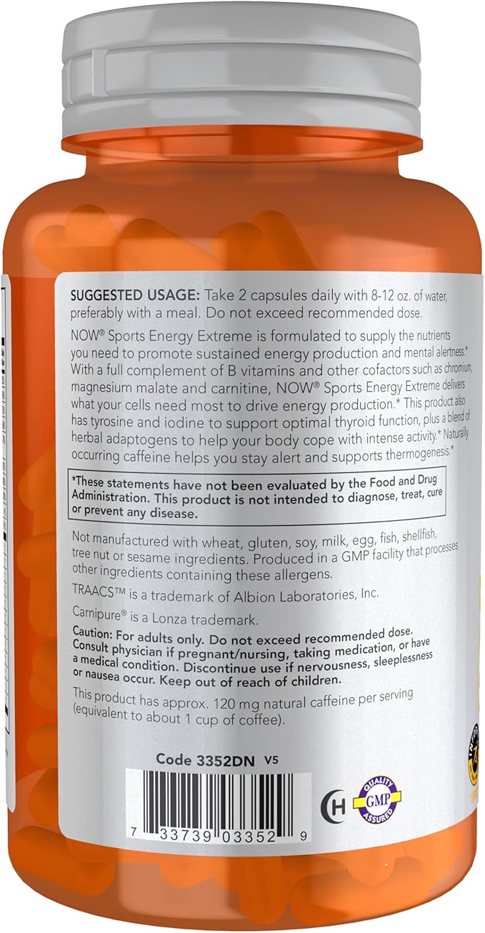 NOW Foods Sports Nutrition, Sports Energy Extreme with B Vitamins and other cofactors such as Chromium, Magnesium Malate and Carnitine, 90 Veg Capsules