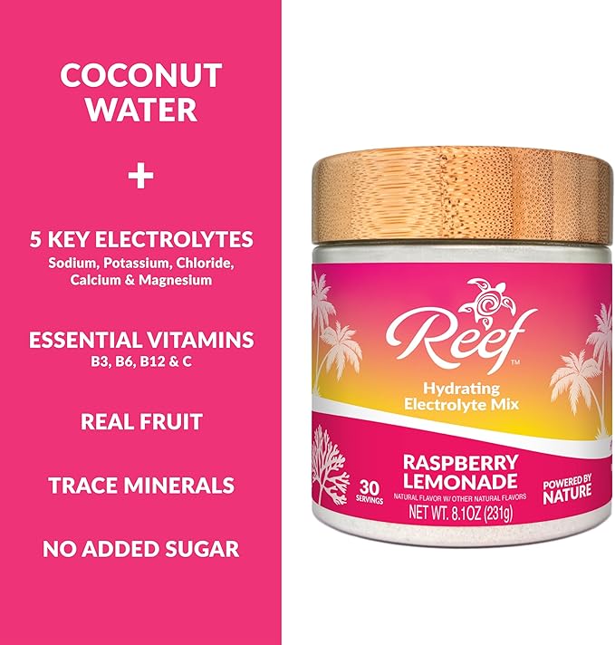 Reef Replenish Hydrating Electrolyte Drink Mix - Raspberry Lemonade, 30 Servings - Hydration Powder w/Coconut Water - Non-GMO, No Added Sugar, 5 Key Electrolytes + Vitamins, Natural Trace Minerals