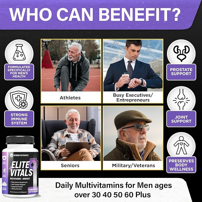 Elite Vitals Multivitamin for Men ā Daily Mens Multivitamins Ages Over 20 Plus ā Prostrate Energy Immune Joint Support ā Daily Mens Vitamins and Minerals (60 Capsules)