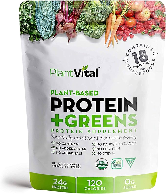Plantvital Unflavored Organic Vegan Protein Powder - 18 Superfoods, Veggies and Probiotics - Organic Plant-Based Protein Powder - All BCAAβs, Gluten Free - 16oz -1 Pouch