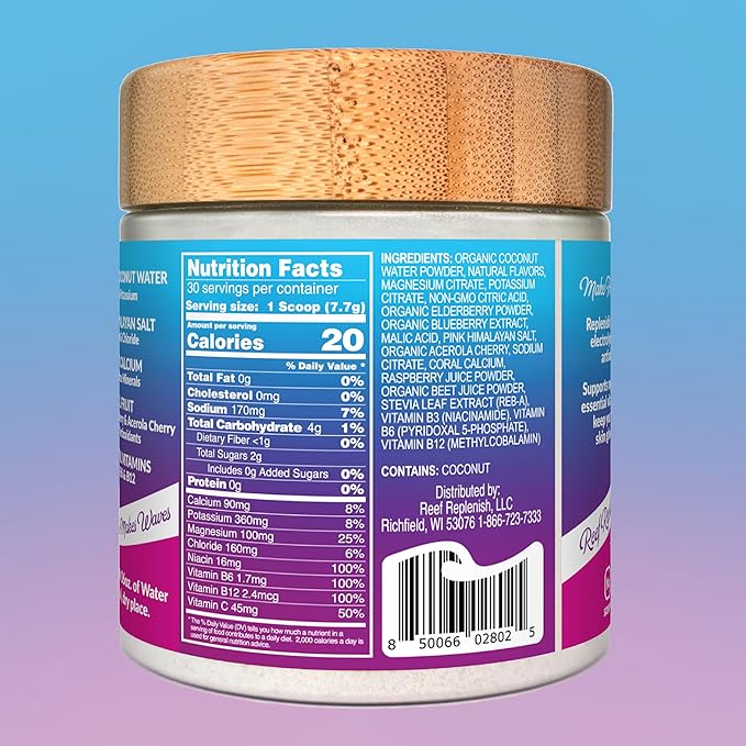 Reef Replenish Hydrating Electrolyte Drink Mix - Wildberry, 30 Servings - Hydration Powder w/Coconut Water - Non-GMO, No Added Sugar, 5 Key Electrolytes + Vitamins, Natural Trace Minerals, USA Made