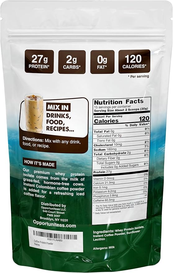 Coffee Whey Protein Powder - Low Carb & Keto Friendly - Grass Fed Whey Isolate + Colombian Coffee - 60 mg Caffeine for Energy - Pre or Post Workout Drink Mix, Latte, Shake & Smoothie - 1 Pound
