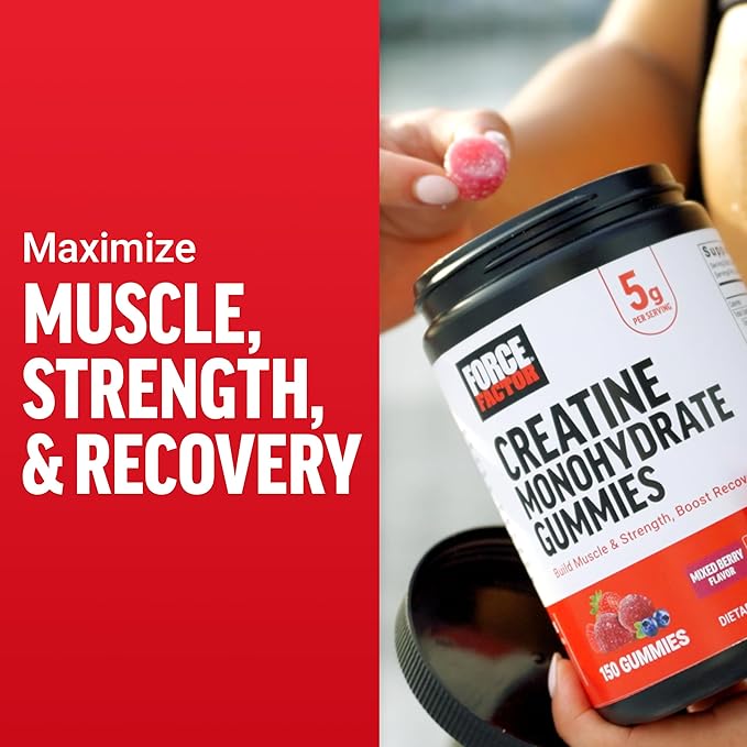 Force Factor Creatine Gummies, Creatine Monohydrate for Muscle Gain, More Strength, and Faster Recovery, Clinically Studied Creatine 5g Dose, Mixed Berry, 30 Servings