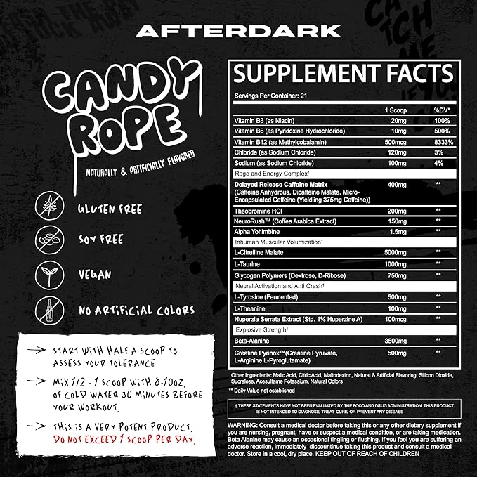 AFTERDARK INHUMAN Pre-Workout Powder, Enhanced Mind-Muscle Connection, Sustained Energy, Potent Nootropic Blend, Vegan, Gluten-Free, Soy-Free, 400mg Caffeine, No Crash, Candy Rope