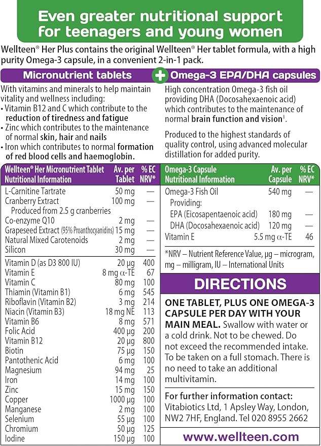 Wellteen Her Plus Omega-3 - Advanced Nutritional Support for Teenagers and Young Women Ages 13-19 - 56 Tablets and Capsules