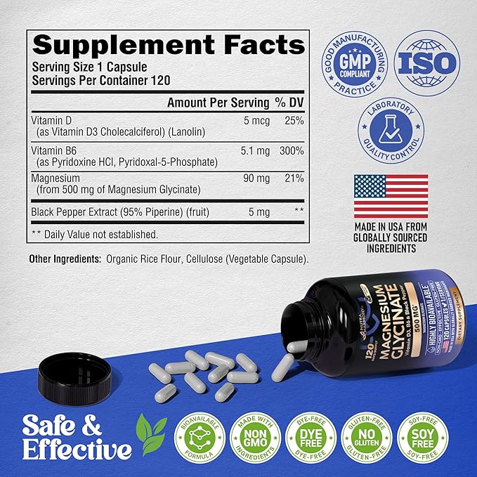 Magnesium Glycinate 500 mg - Chelated Supplement - with Vitamin B6 & D3 - High Absorption 98% - Support for Sleep, Muscle & Heart Health - Made in USA, Lab Tested & Non-GMO - 120 Capsules